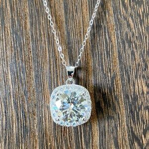 5.0CT Moissanite Cushion Halo Necklace - 925 Sterling Silver - GRA Certified